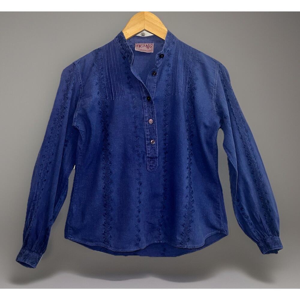 Vtg Encounter Indigo Blue Boho Mandarin Collar Embroidered Floral Vine Sz S/M